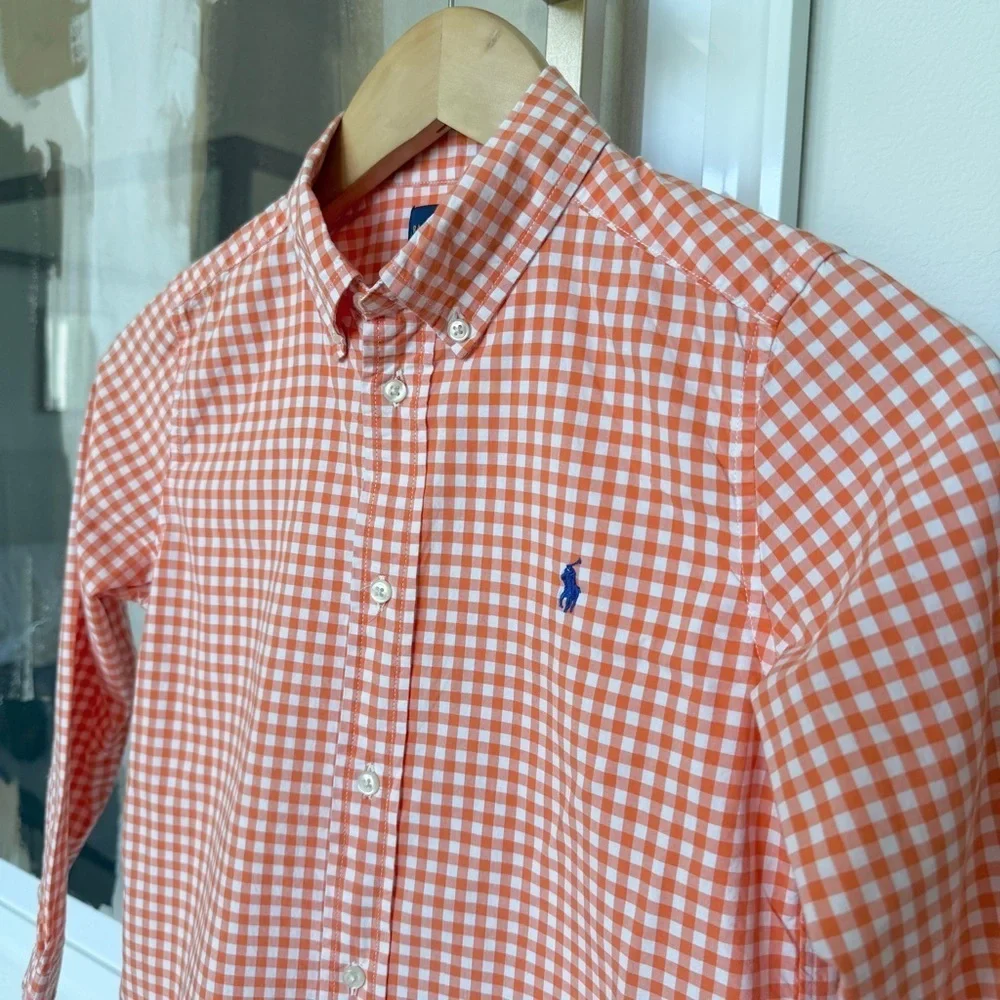 Ralph Lauren Boys Orange Gingham Long Sleeve Button-Up Size 7 Casual Spring